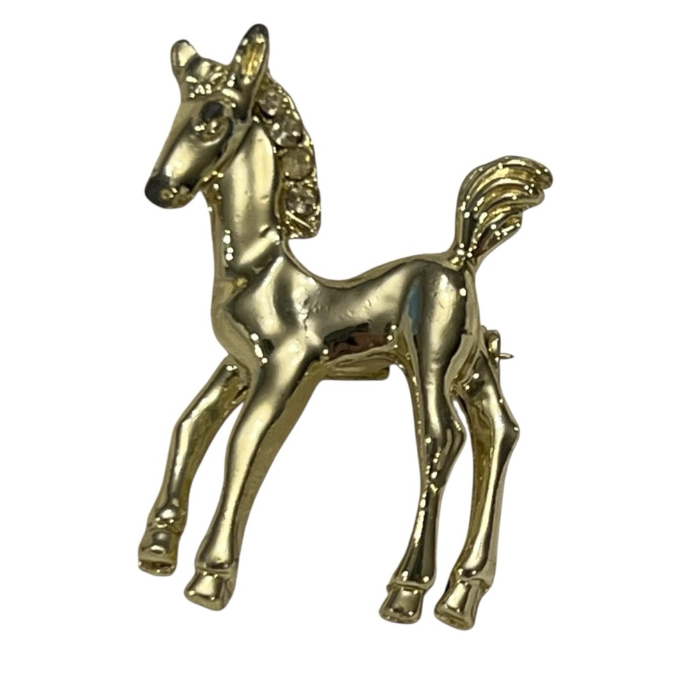 Horse Brooch Pony Colt Foal Gold Tone Lapel Pin Rhinestones 1.5” Tall ADORABLE!